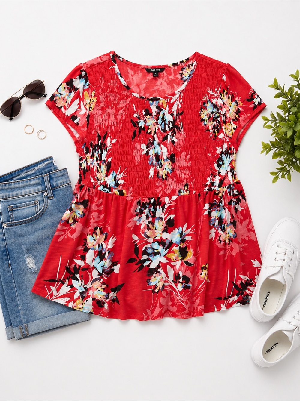 Torrid Floral Smocked Babydoll Tee | Plus Size Coral Red Short Sleeve Top